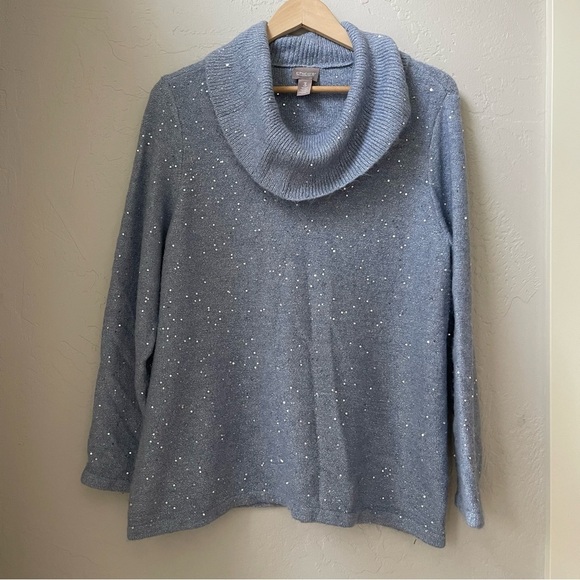 Chico's Cozi Soft Blue Sequin Shine Cowl Neck Pullover Sweater Size: 3 (L) - Picture 10 of 11